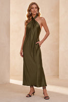 Load image into Gallery viewer, Olive Satin Sheath Halter Long Formal Dress with Pockets
