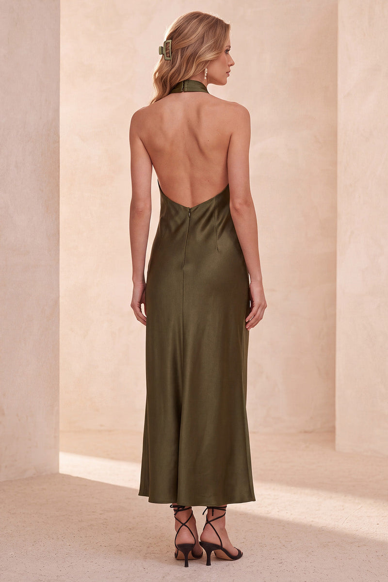 Load image into Gallery viewer, Olive Satin Sheath Halter Long Formal Dress with Pockets