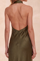 Load image into Gallery viewer, Olive Satin Sheath Halter Long Formal Dress with Pockets