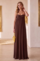 Load image into Gallery viewer, Sheath Coffee Spaghetti Straps Chiffon Long Wedding Guest Dress