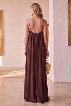 Sheath Coffee Spaghetti Straps Chiffon Long Wedding Guest Dress