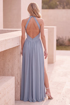 A-Line Dusty Blue Halter Long Formal Dress with Slit