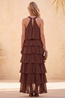 Load image into Gallery viewer, Ruffled Coffee Chiffon A Line Halter Long Wedding Guest Dress with Beading