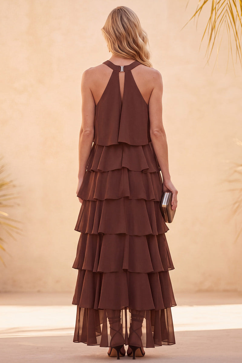 Load image into Gallery viewer, Ruffled Coffee Chiffon A Line Halter Long Wedding Guest Dress with Beading