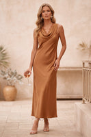 Load image into Gallery viewer, Cowl Neck Burnt Orange Sheath Satin Long Formal Dress with Lace
