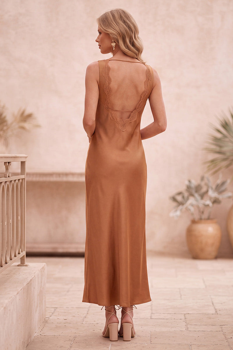 Load image into Gallery viewer, Cowl Neck Burnt Orange Sheath Satin Long Formal Dress with Lace