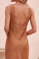 Load image into Gallery viewer, Cowl Neck Burnt Orange Sheath Satin Long Formal Dress with Lace