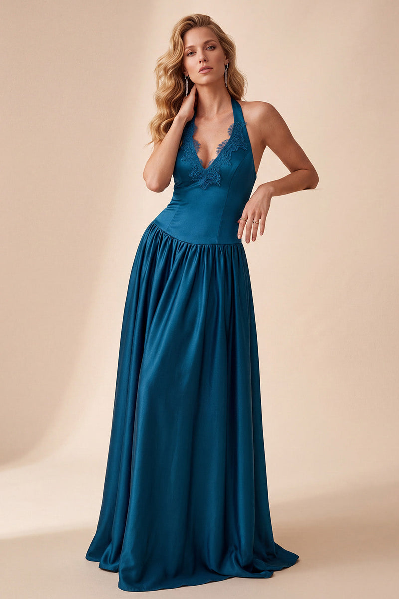 Load image into Gallery viewer, Peacock Blue Halter A-Line Backless Satin Long Formal Dress with Lace