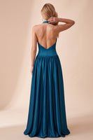 Load image into Gallery viewer, Peacock Blue Halter A-Line Backless Satin Long Formal Dress with Lace
