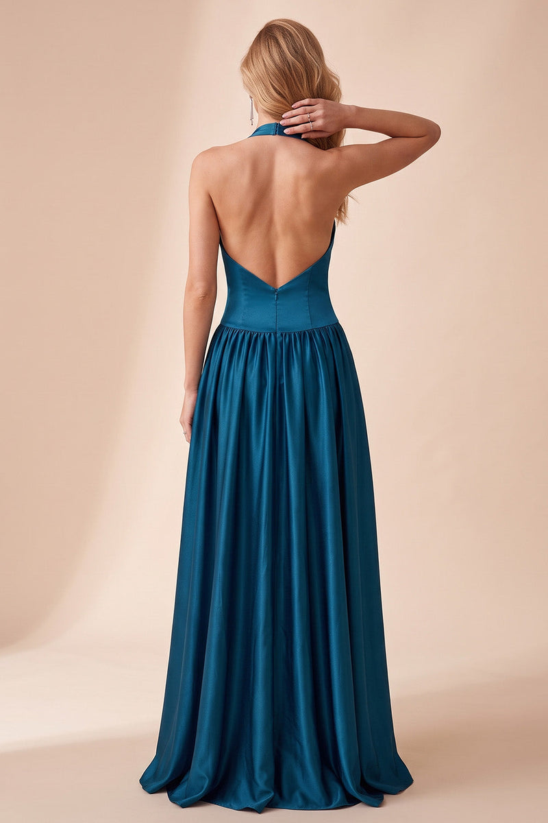 Load image into Gallery viewer, Peacock Blue Halter A-Line Backless Satin Long Formal Dress with Lace