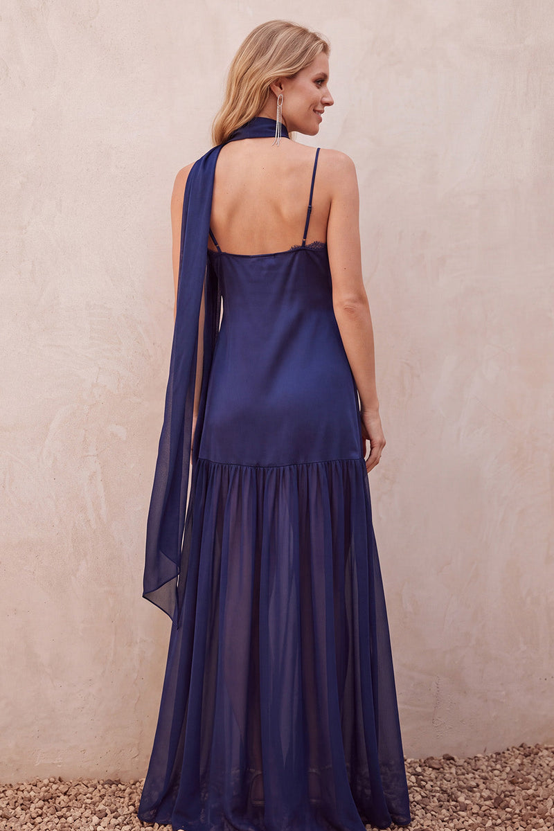 Load image into Gallery viewer, V-Neck Navy Sheath Satin Long Wedding Guest Dress with Neck Scarf