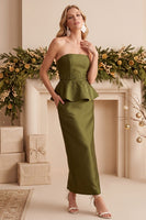 Load image into Gallery viewer, Olive Beaded Sheath Strapless Satin Ruffled Long Formal Dress with Pockets