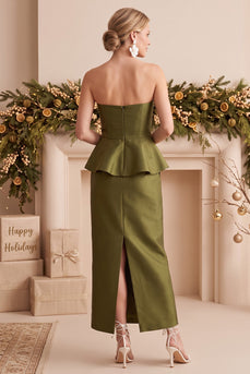 Olive Beaded Sheath Strapless Satin Ruffled Long Formal Dress with Pockets