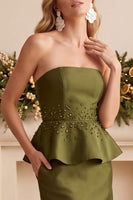 Load image into Gallery viewer, Olive Beaded Sheath Strapless Satin Ruffled Long Formal Dress with Pockets