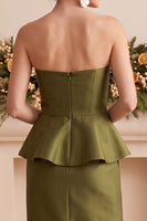 Load image into Gallery viewer, Olive Beaded Sheath Strapless Satin Ruffled Long Formal Dress with Pockets