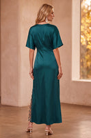 Load image into Gallery viewer, Sheath Peacock Blue Half Sleeves V-Neck Satin Long Wedding Guest Dress with Lace