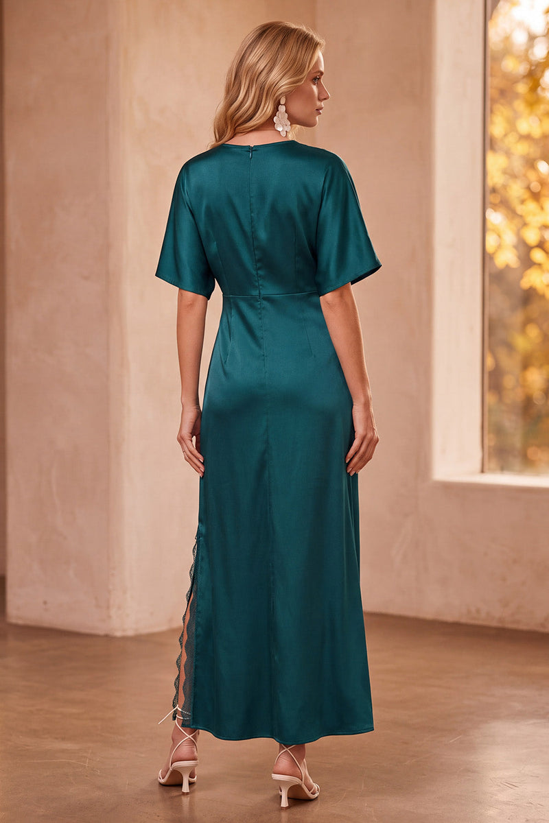 Load image into Gallery viewer, Sheath Peacock Blue Half Sleeves V-Neck Satin Long Wedding Guest Dress with Lace