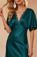 Load image into Gallery viewer, Sheath Peacock Blue Half Sleeves V-Neck Satin Long Wedding Guest Dress with Lace