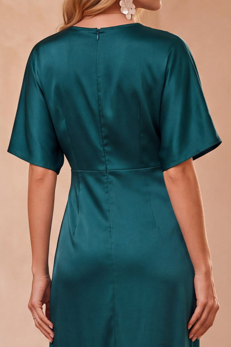 Load image into Gallery viewer, Sheath Peacock Blue Half Sleeves V-Neck Satin Long Wedding Guest Dress with Lace