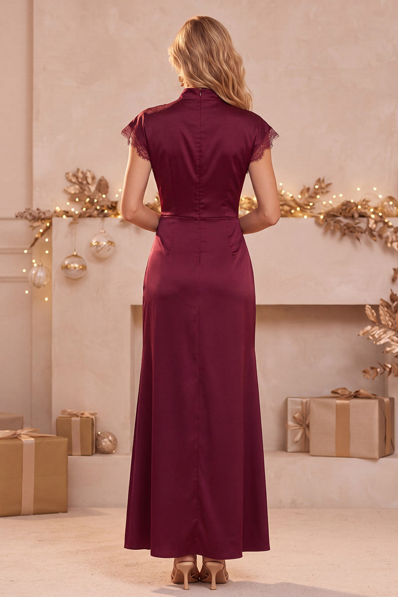 Load image into Gallery viewer, Burgundy High Neck Satin Sheath Long Formal Dress with Slit