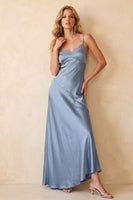 Load image into Gallery viewer, Dusty Blue Spaghetti Straps Satin Sheath Long Wedding Guest Dress with Lace