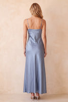 Load image into Gallery viewer, Dusty Blue Spaghetti Straps Satin Sheath Long Wedding Guest Dress with Lace