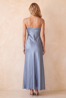 Dusty Blue Spaghetti Straps Satin Sheath Long Wedding Guest Dress with Lace
