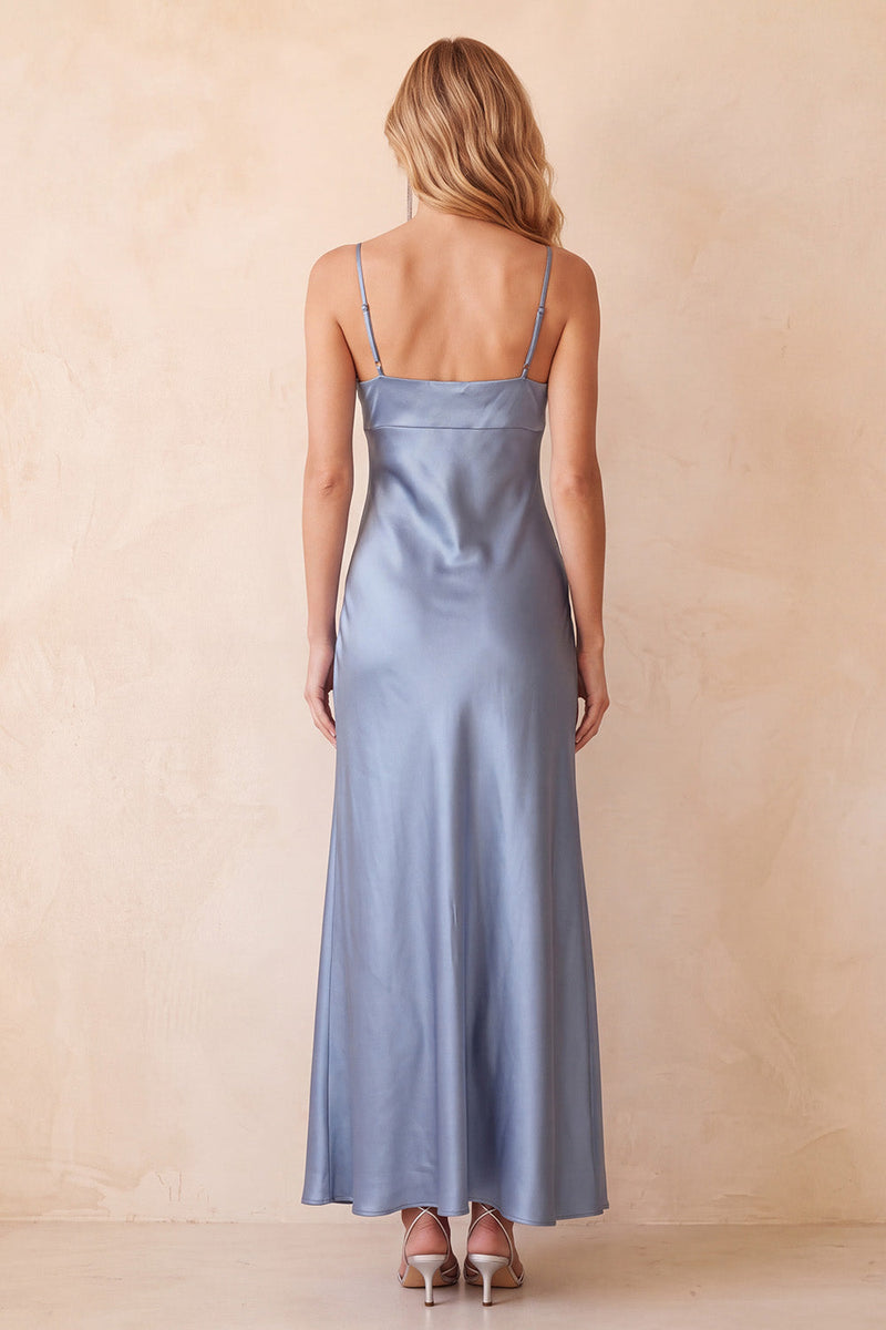 Load image into Gallery viewer, Dusty Blue Spaghetti Straps Satin Sheath Long Wedding Guest Dress with Lace