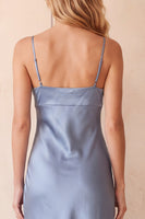 Load image into Gallery viewer, Dusty Blue Spaghetti Straps Satin Sheath Long Wedding Guest Dress with Lace