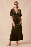 Load image into Gallery viewer, Olive A Line V-Neck Half Sleeves Velvet Long Wedding Guest Dress with Lace