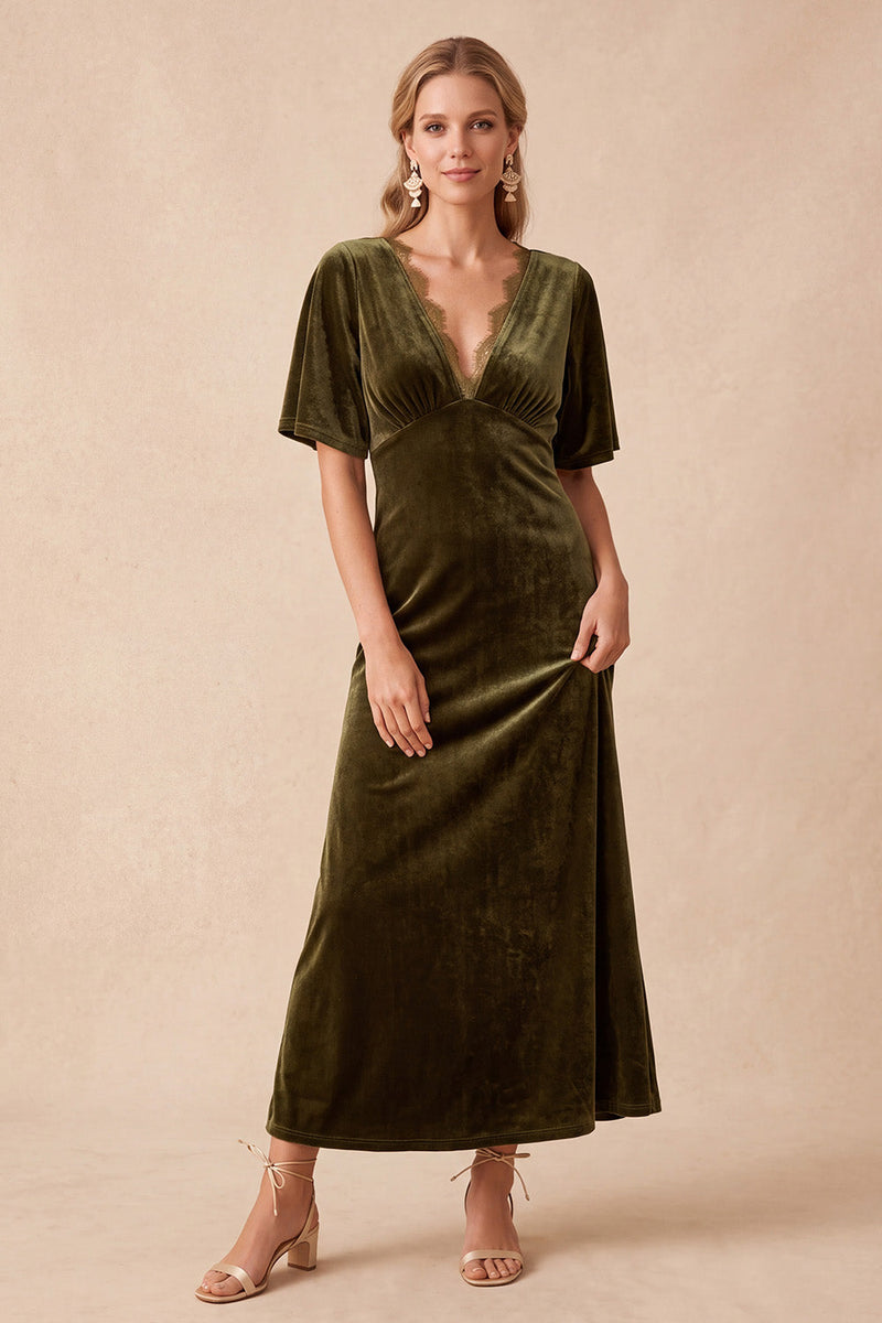 Queendancer Women A-Line Olive V-Neck Long Wedding Guest Dress with ...