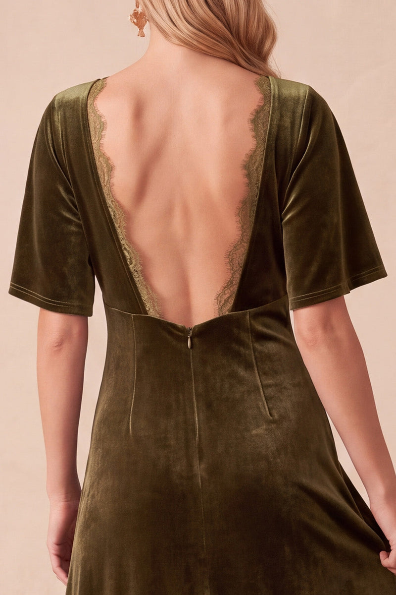 Load image into Gallery viewer, Olive A Line V-Neck Half Sleeves Velvet Long Wedding Guest Dress with Lace