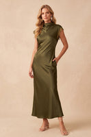 Load image into Gallery viewer, Sheath Olive High Neck Satin Long Formal Dress with Pockets