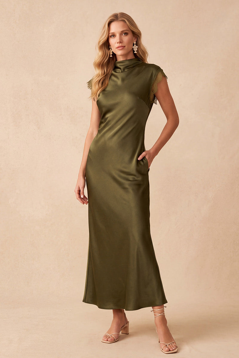 Queendancer Women Sheath Satin Olive Long Formal Dress with Lace High ...