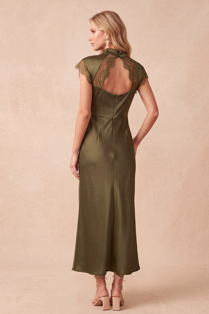Queendancer Women Sheath Satin Olive Long Formal Dress with Lace High ...