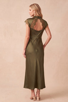 Sheath Olive High Neck Satin Long Formal Dress with Pockets