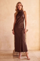 Load image into Gallery viewer, Coffee High Neck Satin Sheath Long Formal Dress with Keyhole