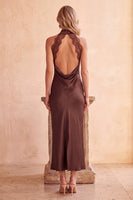 Load image into Gallery viewer, Coffee High Neck Satin Sheath Long Formal Dress with Keyhole