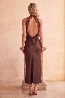 Coffee High Neck Satin Sheath Long Formal Dress with Keyhole