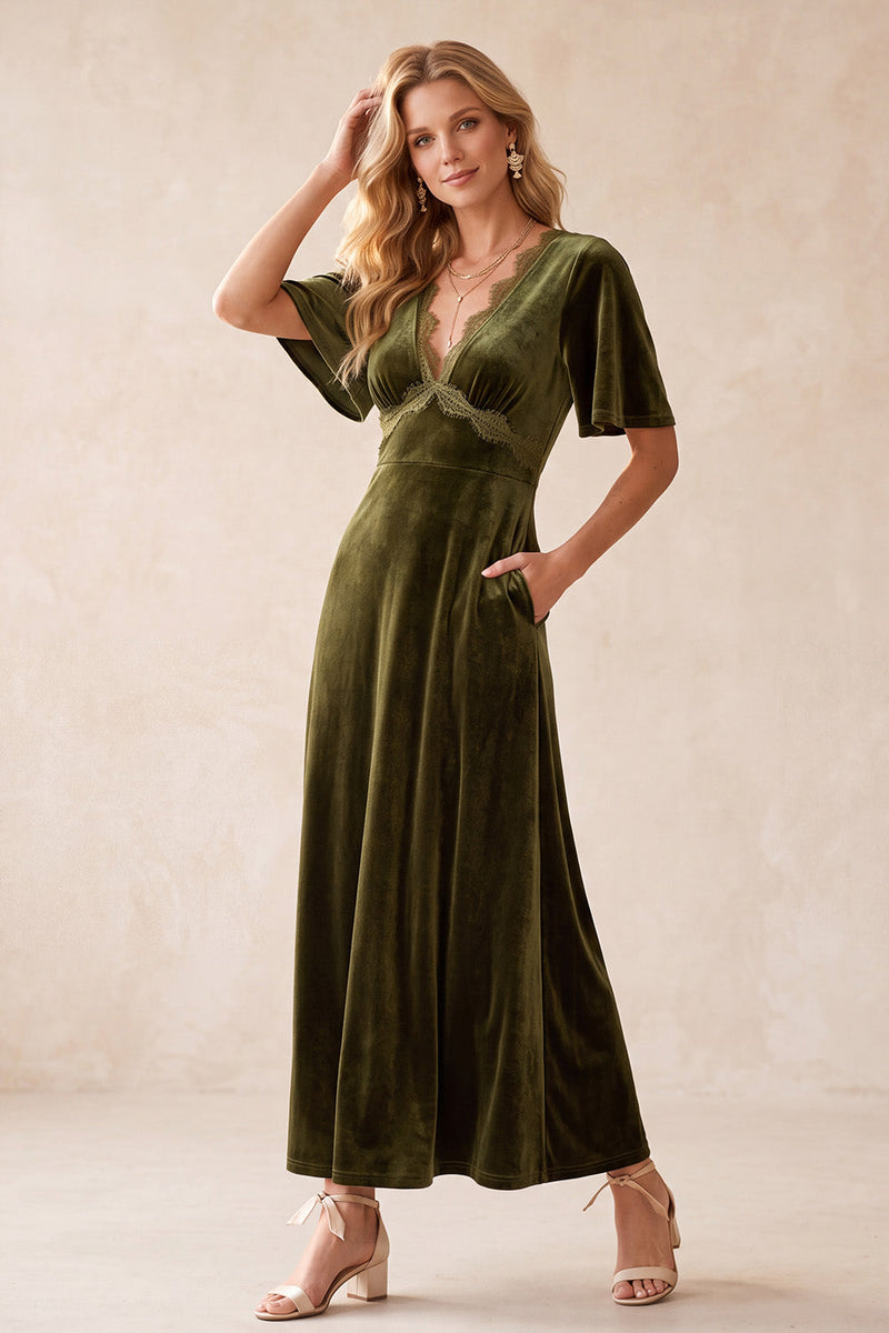 Load image into Gallery viewer, Velvet Olive A-Line Half Sleeves V-Neck Long Wedding Guest Dress with Pockets