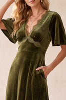 Load image into Gallery viewer, Velvet Olive A-Line Half Sleeves V-Neck Long Wedding Guest Dress with Pockets