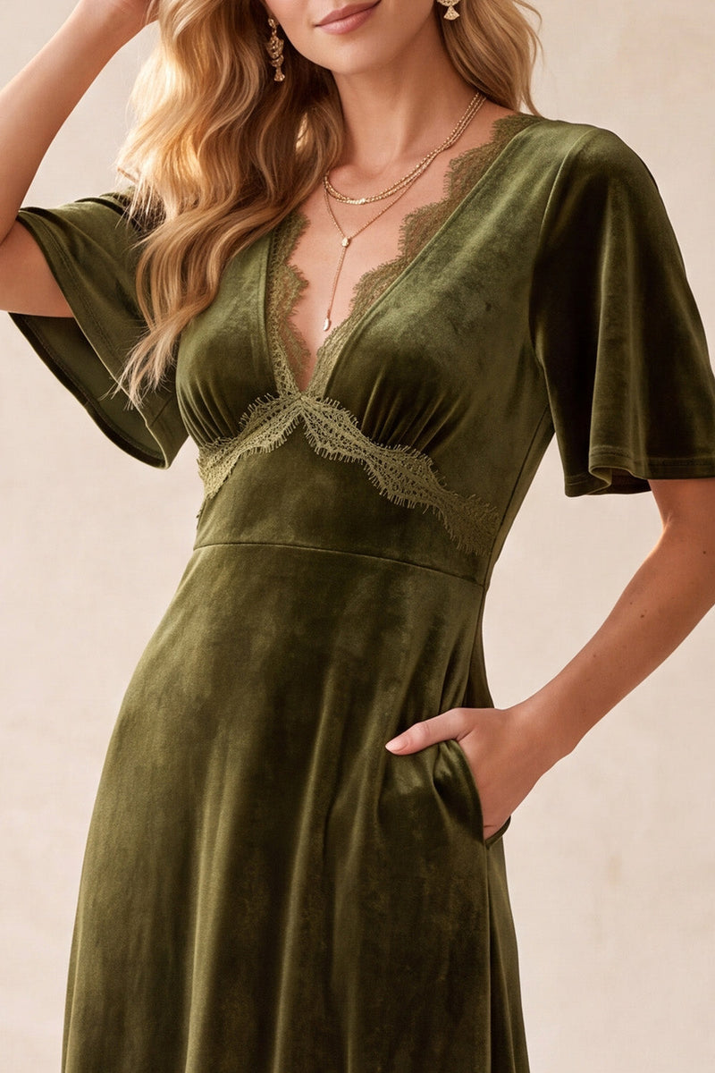 Load image into Gallery viewer, Velvet Olive A-Line Half Sleeves V-Neck Long Wedding Guest Dress with Pockets