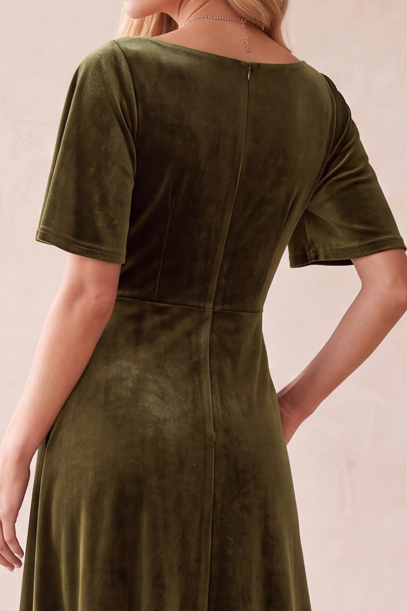 Load image into Gallery viewer, Velvet Olive A-Line Half Sleeves V-Neck Long Wedding Guest Dress with Pockets