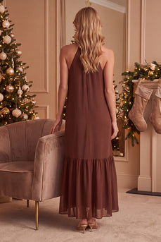 Beaded Coffee Ruffled Chiffon Halter Long Wedding Guest Dress