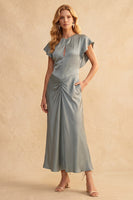 Load image into Gallery viewer, Dusty Blue Round Neck Sheath Satin Long Wedding Guest Dress with Keyhole