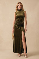 Load image into Gallery viewer, Ruched Olive Sheath Velvet High Neck Long Formal Dress with Slit