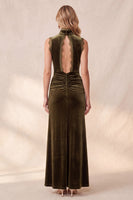 Load image into Gallery viewer, Ruched Olive Sheath Velvet High Neck Long Formal Dress with Slit