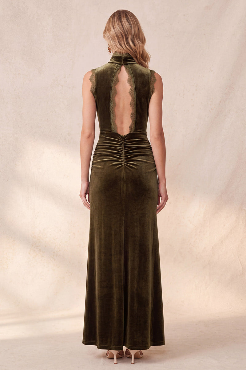 Load image into Gallery viewer, Ruched Olive Sheath Velvet High Neck Long Formal Dress with Slit