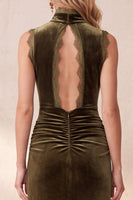 Load image into Gallery viewer, Ruched Olive Sheath Velvet High Neck Long Formal Dress with Slit