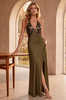 Load image into Gallery viewer, Sparkly Olive Satin Sheath V Neck Long Formal Dress with Pockets